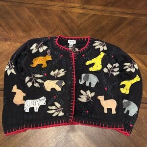 SKYR Black Ramie Cotton Animal Applique Cardigan Sweater Button Front Size L |S1